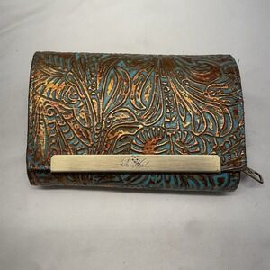 Patricia Nash Leather Wallet Womens Blue Gold Brown Trifold Zip